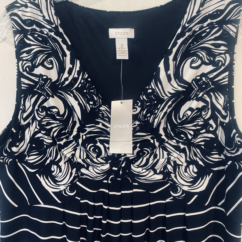 NWT CHICO'S Sleeveless Black & White Striped Stretch Hi- Low Midi Dress Size 2/L - Picture 5 of 6